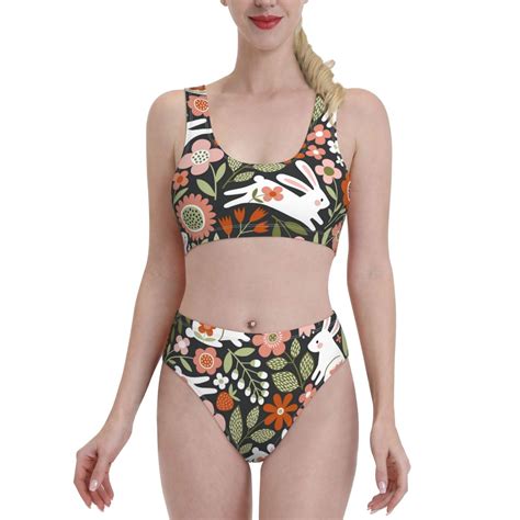 Fotbe Women S Rabbits On Floral Print Bikini High Waisted Swimsuit Two