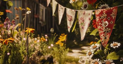 Premium Photo | Flower buntings in a garden with flowers