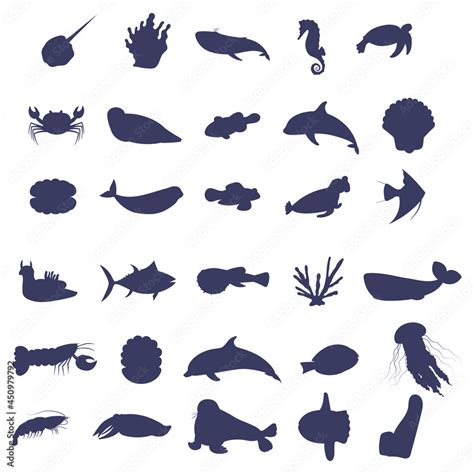 Set of sea animal silhouette on white background. Collection of ...