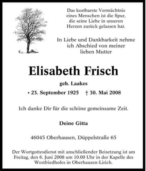 Traueranzeigen Von Elisabeth Frisch Trauer In Nrw De