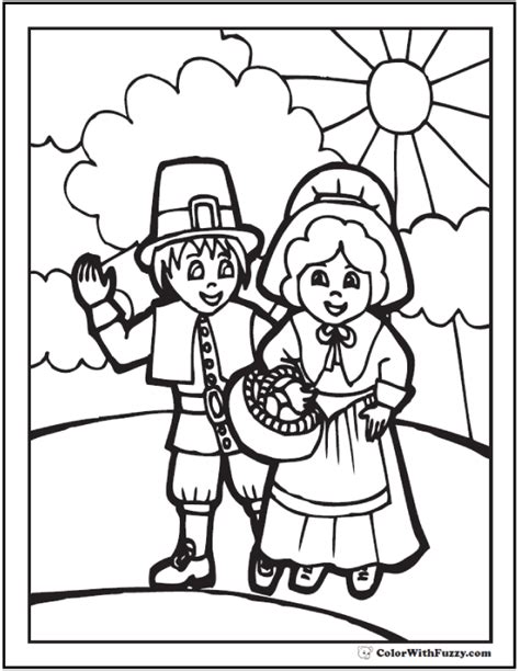 Thanksgiving Coloring Page Pilgrims With Basket