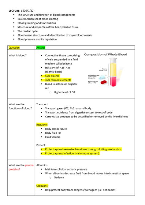 A P Notes Lecture The Structure And Function Of Blood