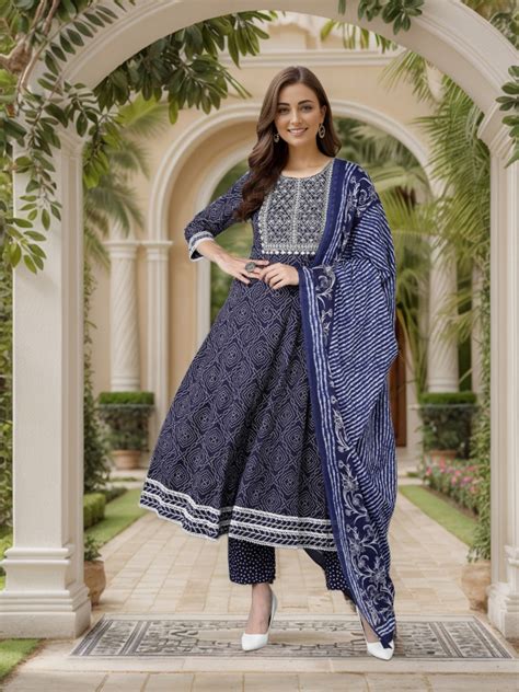 Buy KALINI Bandhani Printed Thread Work Anarkali Kurta With Trousers