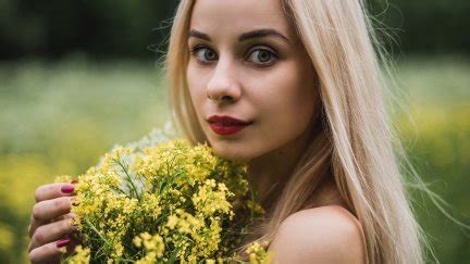 Blonde Women Face Red Lipstick Women Outdoors Flowers Plants