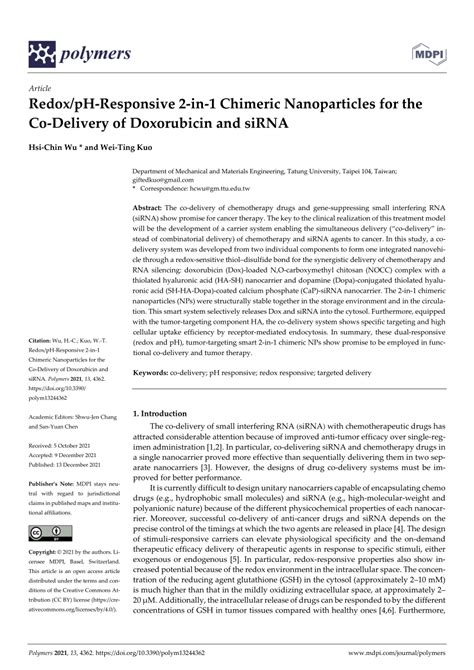 Pdf Redox Ph Responsive 2 In 1 Chimeric Nanoparticles For The Co