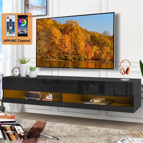 Floating TV Stand with LED Lights, HSUNNS Wall Mounted Floating Entert