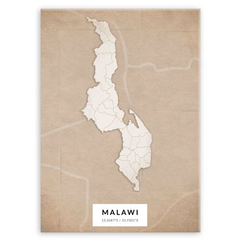 Plakat Metalowy Mapa Vintage Malawi L Murrano