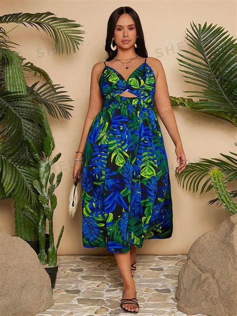 Shein Trvlchic Plus Size Vacation Leaf Print Side Slit Hollow Out