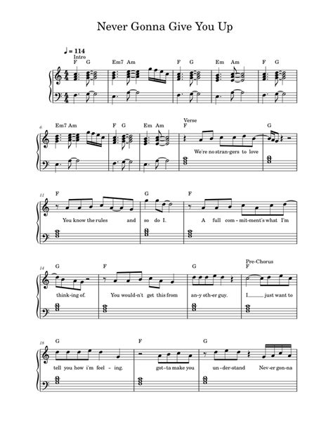 Never Gonna Give You Up Rick Astley Easy Piano Sheet Music For Piano Solo