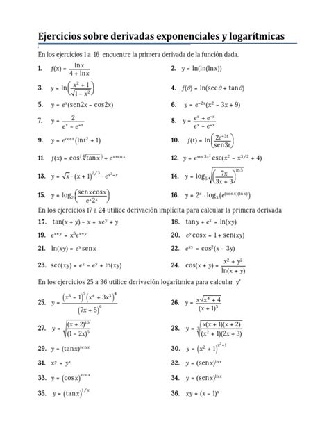 Ejercicios Derivadas Exponenciales Y Logaritmicas Pdf Geometría