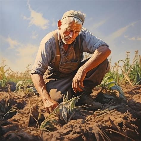 Premium AI Image | A weathered farmer tending to his sunlit field oil ...