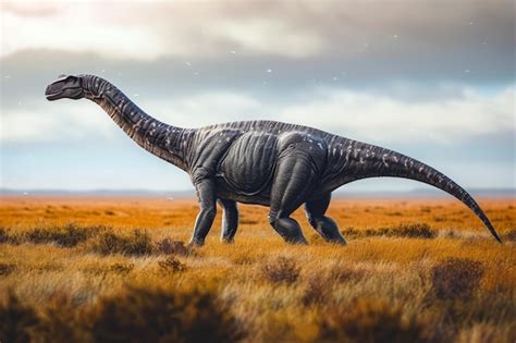 Imagem de dinossauro saurópode em campo aberto grama seca sob seus