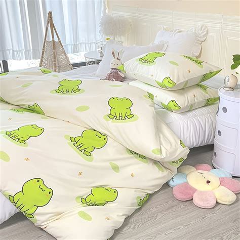 3pcs Fashion Fresh Duvet Cover Set Cartoon Frog Print Bedding Set