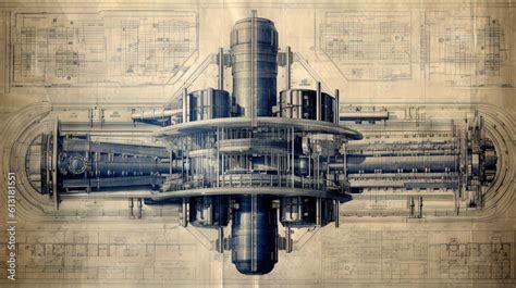 Detailed blueprint of a nuclear reactor, illustrating the complex ...