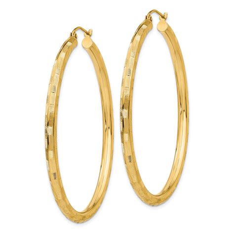 3mm X 50mm 14k Yellow Gold Textured Round Hoop Earrings