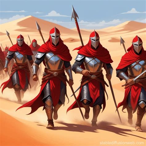 Desert Adventurers: Smiling Squad in Plate Armor, Wielding Spears | Stable Diffusion Online