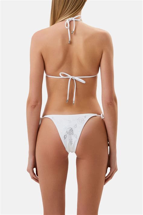 Philipp Plein Taş İşlemeli Desenli Logolu İpli Bağlamalı Bayan Bikini CDPPT0901 BEYAZ