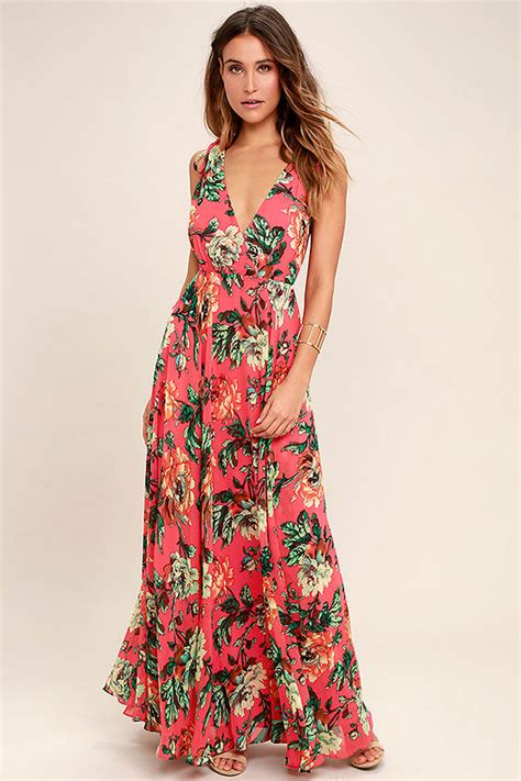 Lovely Coral Red Dress Floral Print Dress Maxi Dress 86 00 Lulus