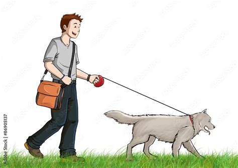 Joven muchacho paseando con su perro en parque sobre fondo blanco 素材庫插圖