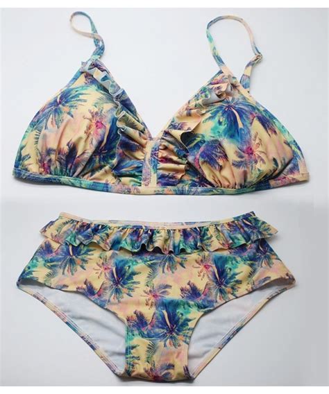 Womens Strap Bathing Suit Coconut Tree Print Ruffle Bikini Set Multicolor C418CCOYD0K