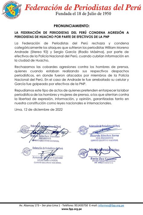 PRONUNCIAMIENTO LA FEDERACIÓN DE PERIODISTAS DEL PERÚ CONDENA AGRESIÓN