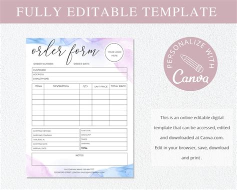 Editable Order Form Small Business Forms Printable Craft - Etsy 