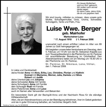 Traueranzeigen Von Luise Berger Trauer Bz