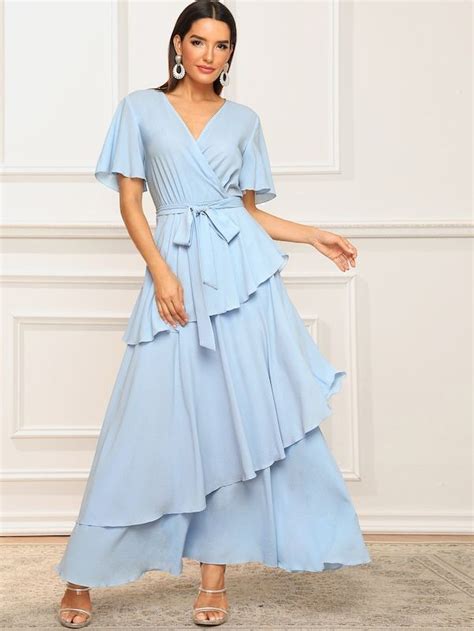 SHEIN Surplice Neck Flutter Sleeve Belted Layered Hem Dress Fashion