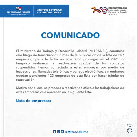 Reactivación De Oficio Comunicado Y Listado De Empresas Ministerio