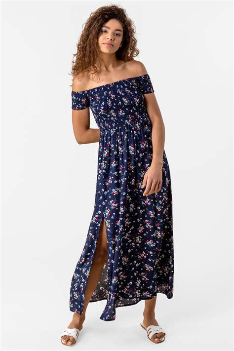 Shirred Floral Print Bardot Dress In Navy Roman Originals Uk