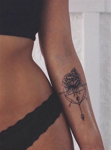 Compass Tattoo With Arrow And Rose Flowers Womens Wrist Arm Tat