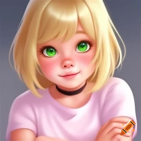 Anime Girl With Blonde Hair And Green Eyes Crossed Arms In Pink T