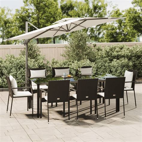 Ensemble à manger jardin 9pcs et coussins noir résine tressée Leroy