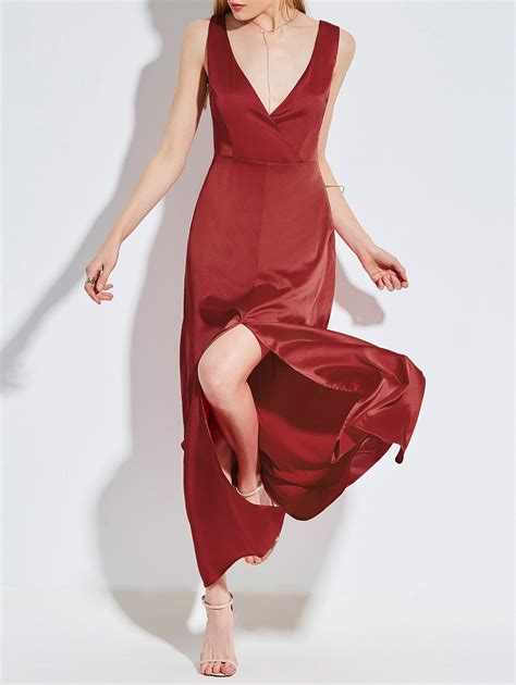 Off Low Cut Backless Satin Maxi Party Dress Rosegal