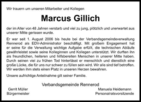 Traueranzeigen Von Marcus Gillich Rz Trauer De