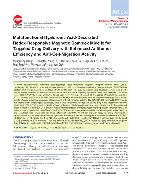 PDF Multifunctional Hyaluronic Acid Decorated Redox Responsive