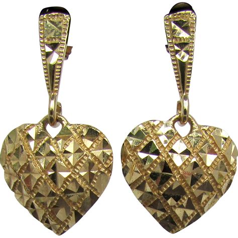 14k Yellow Gold Dangling Heart Earrings From 4sot On Ruby Lane