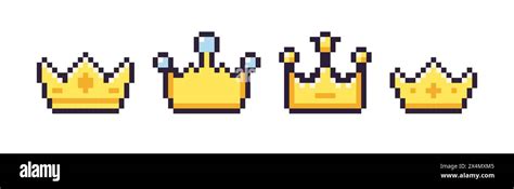 Pixel Art 8 Bit Crown Isolated Vector Set Cartoon Style Illustration