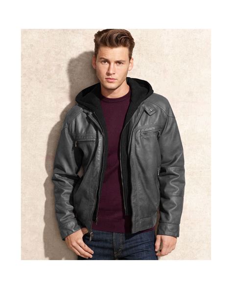 Calvin Klein Hooded Faux Leather Jacket In Gray For Men Lyst