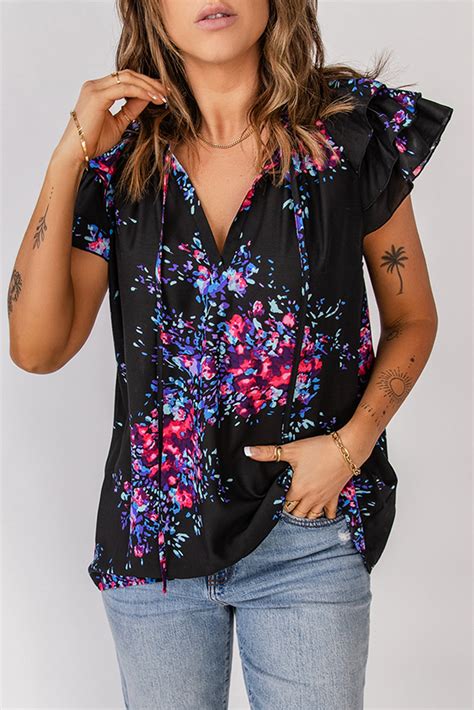 Floral Tie Neck Flutter Sleeve Blouse Fashion Bug Online