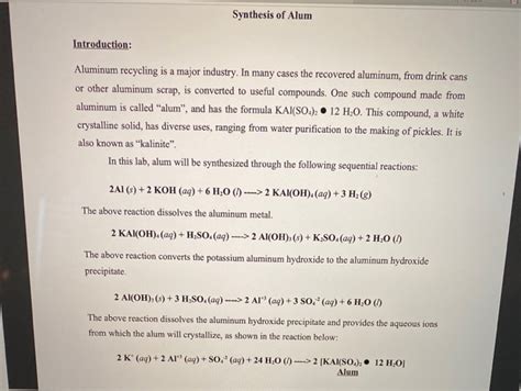 Solved Synthesis Of Alum Introduction Aluminum Recycling Is Chegg