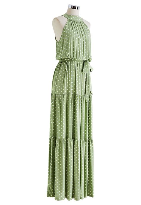 Halter Neck Tie Waist Maxi Dress In Green Dots Retro Indie And