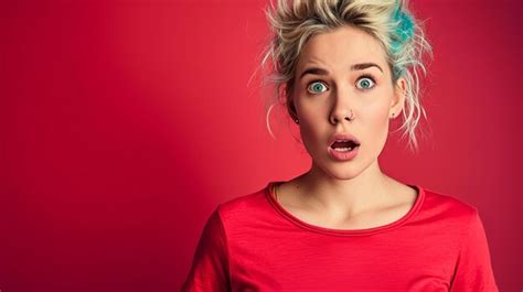 Premium Photo Surprised Woman With Blue Hair And Red T Shirt On Red