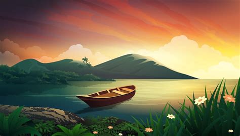 Premium Vector Sunset Lake Wooden Boat With Beautiful Panoramic