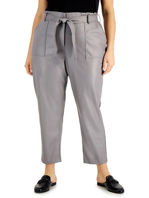 Calvin Klein Womens Plus Faux Leather Tie Waist Straight Leg Pants