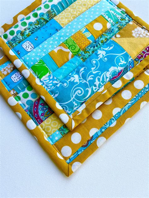 Set Of Two Quilted Patchwork Potholders Hot Pads Trivets Yellow Teal Etsy