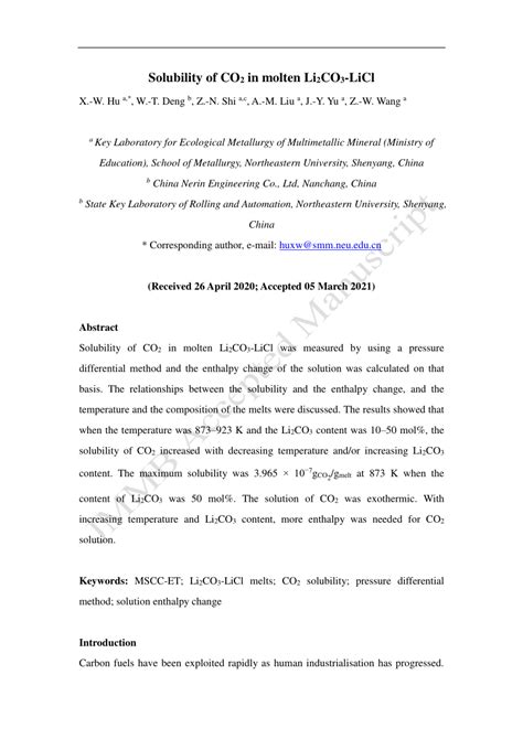 (PDF) Solubility of CO2 in molten Li2Co3-LiCl