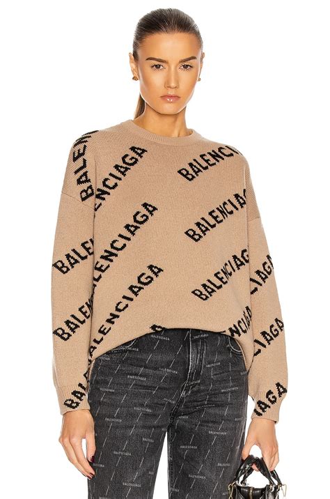 Balenciaga Long Sleeve Crewneck Logo Sweater In Beige And Black Fwrd