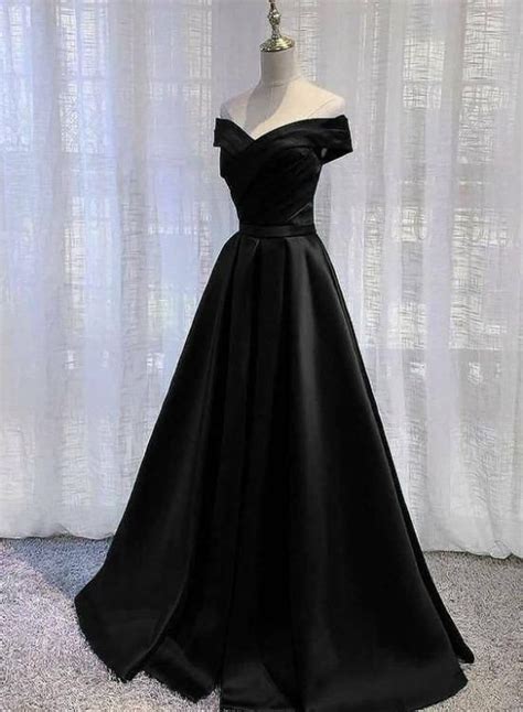 Pretty Off Shoulder Black Satin A Line Party Dress Formal Dress Long Black Prom Dress Evening