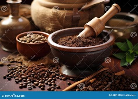 Coffee Beans with Mortar and Pestle for Grinding Stock Illustration - Illustration of pestle ...